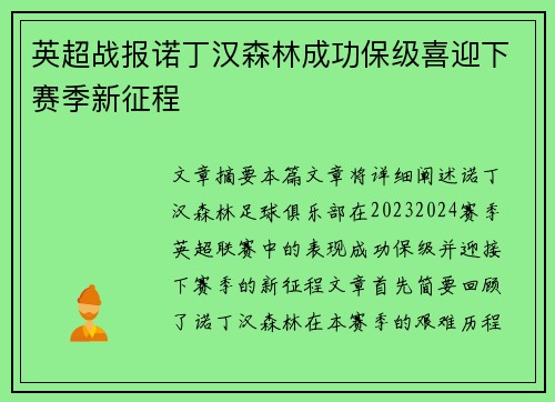 英超战报诺丁汉森林成功保级喜迎下赛季新征程